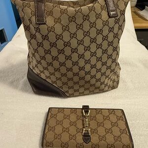 Gucci Beige Monogram Bag with Brown Leather with Matching Wallet.